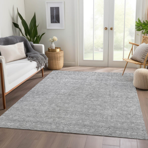 3' X 5' Gray Silver And Ivory Floral Washable Indoor Outdoor Area Rug