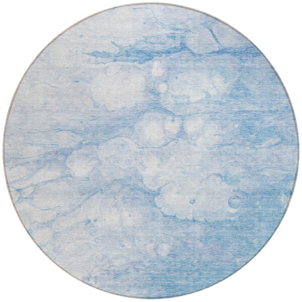 8' Sky Blue Denim Blue And Silver Round Abstract Washable Indoor Outdoor Area Rug