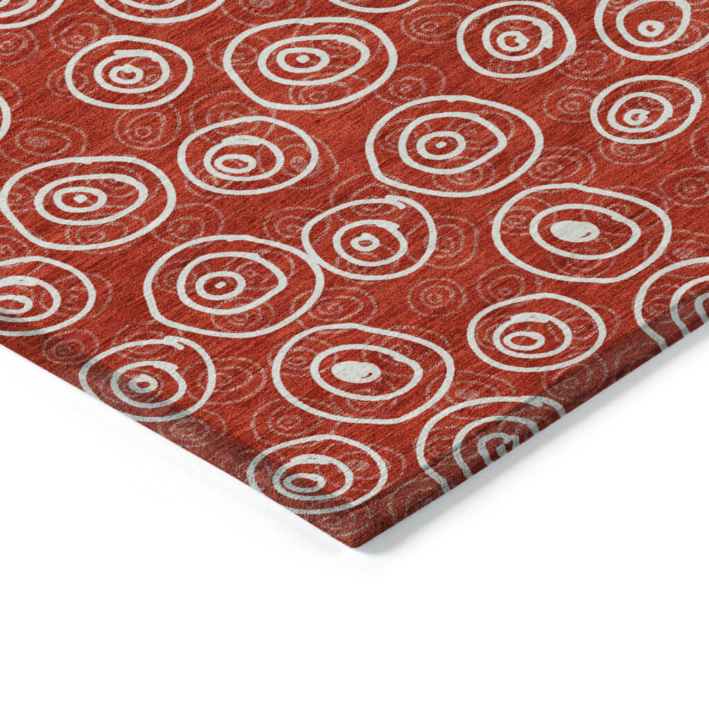 8' Red And Ivory Round Geometric Washable Indoor Outdoor Area Rug