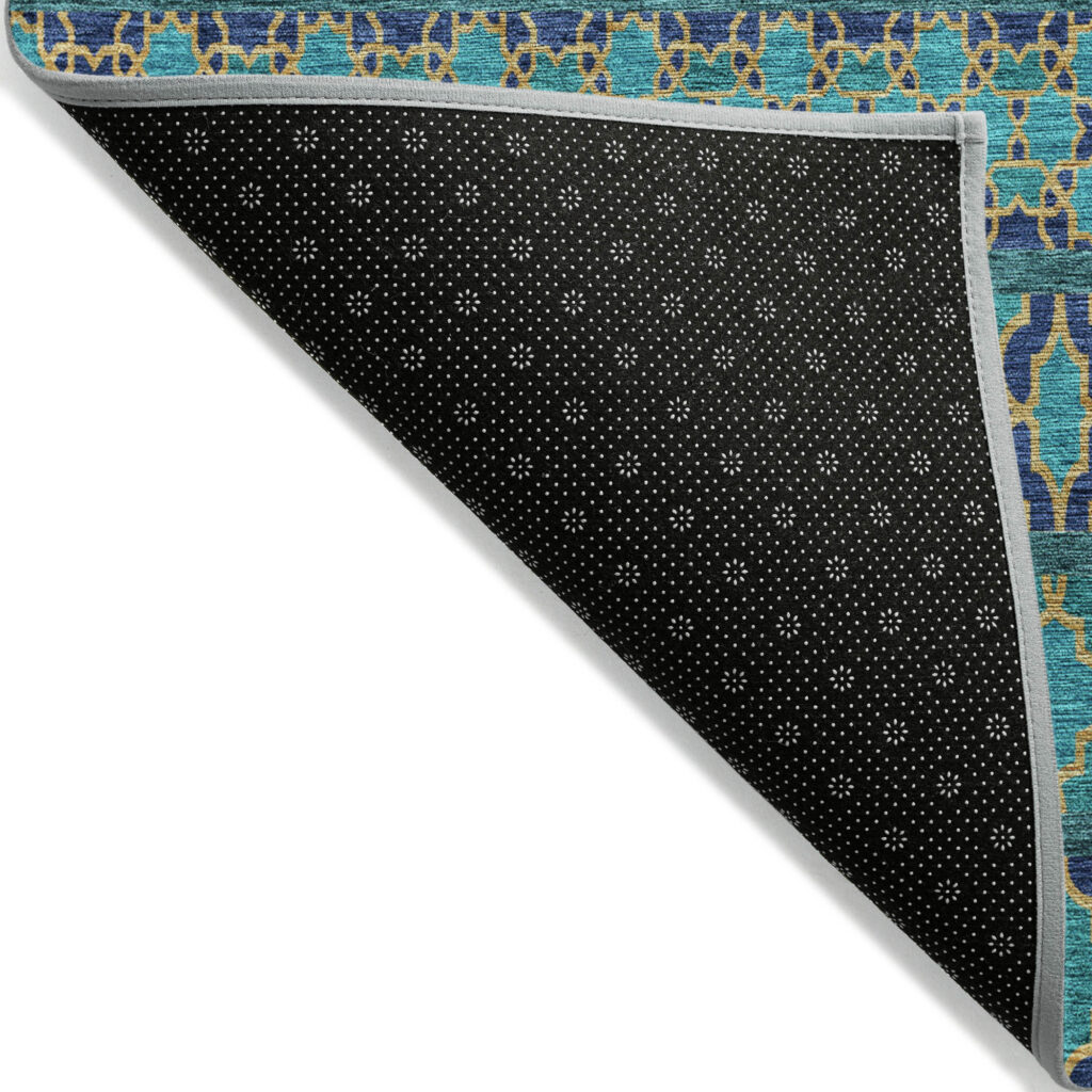 8' Teal Blue And Navy Blue Round Quatrefoil Washable Indoor Outdoor Area Rug