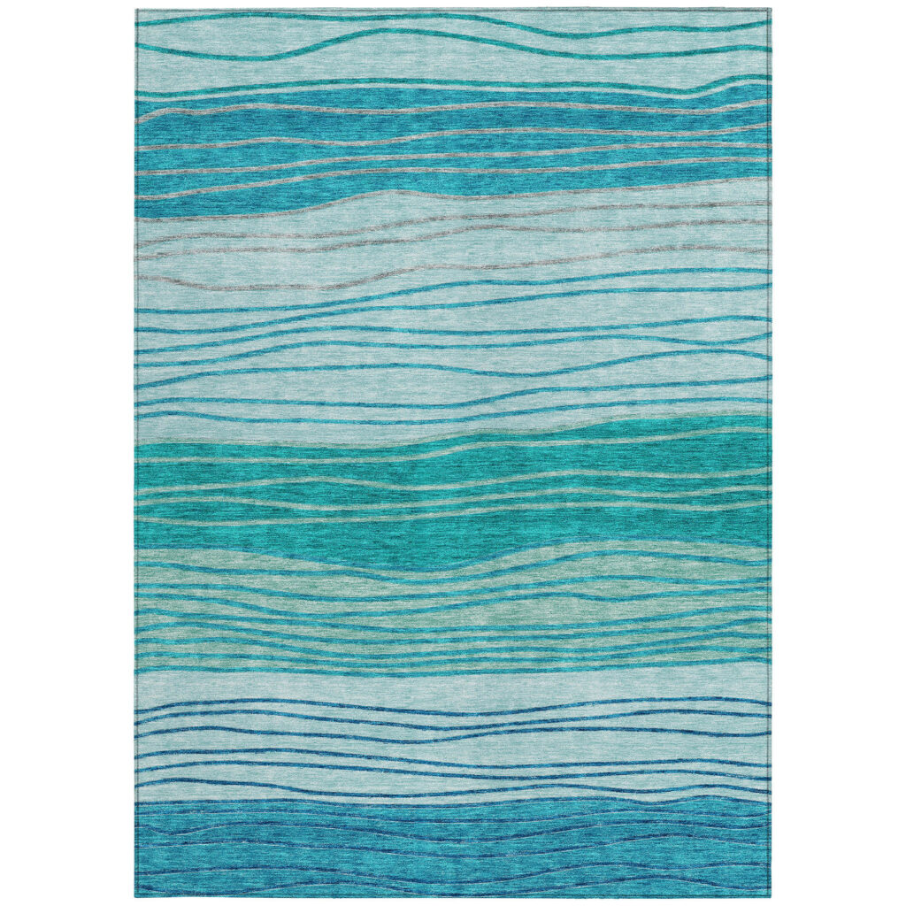 10' X 14' Sky Blue Teal Blue And Aqua Striped Washable Indoor Outdoor Area Rug