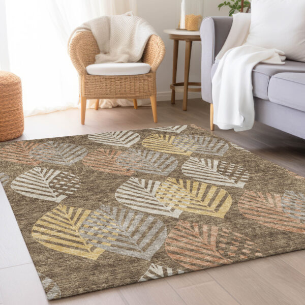 9' X 12' Chocolate Beige And Gray Floral Washable Indoor Outdoor Area Rug
