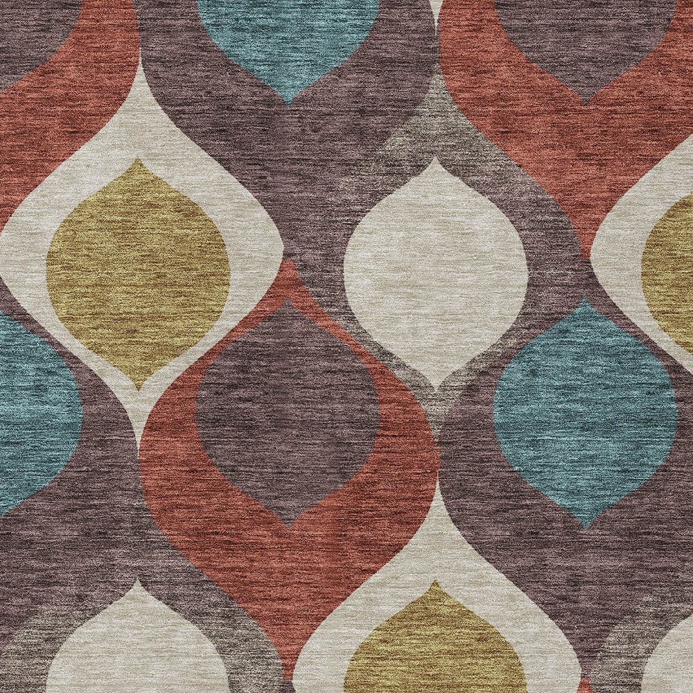 5' X 8' Brown Taupe And Teal Blue Ogee Washable Indoor Outdoor Area Rug