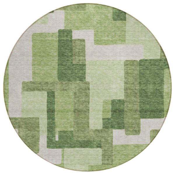 8' Artichoke Green And Ivory Round Abstract Washable Indoor Outdoor Area Rug