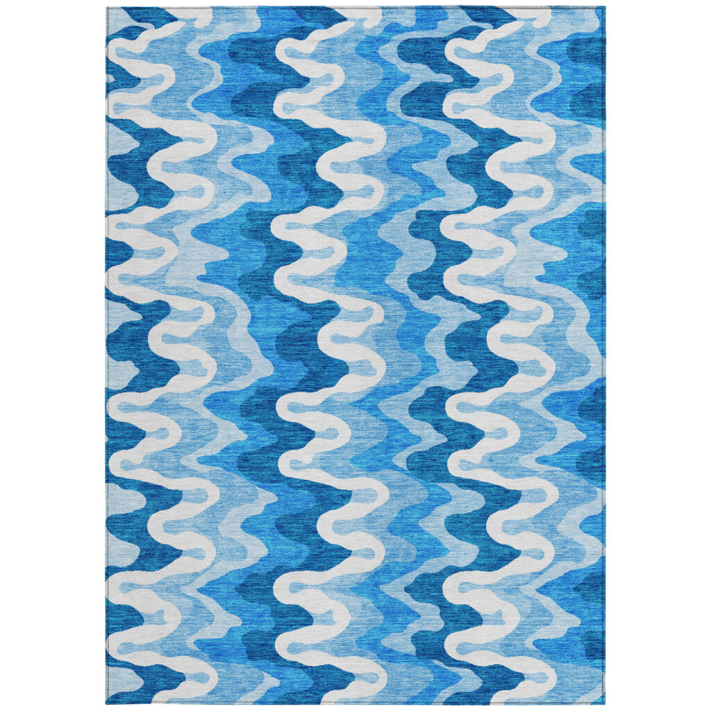 3' X 5' Sky Blue Denim Blue And Ivory Abstract Washable Indoor Outdoor Area Rug