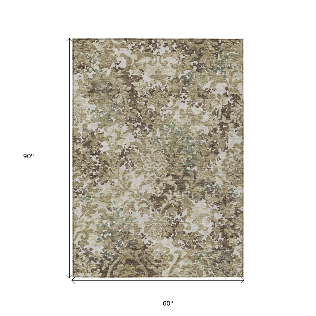 5' X 8' Beige Taupe And Brown Floral Washable Indoor Outdoor Area Rug