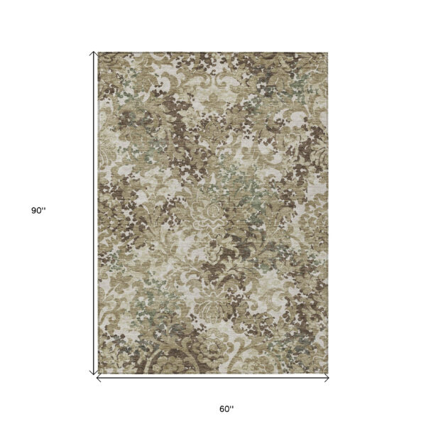 5' X 8' Beige Taupe And Brown Floral Washable Indoor Outdoor Area Rug
