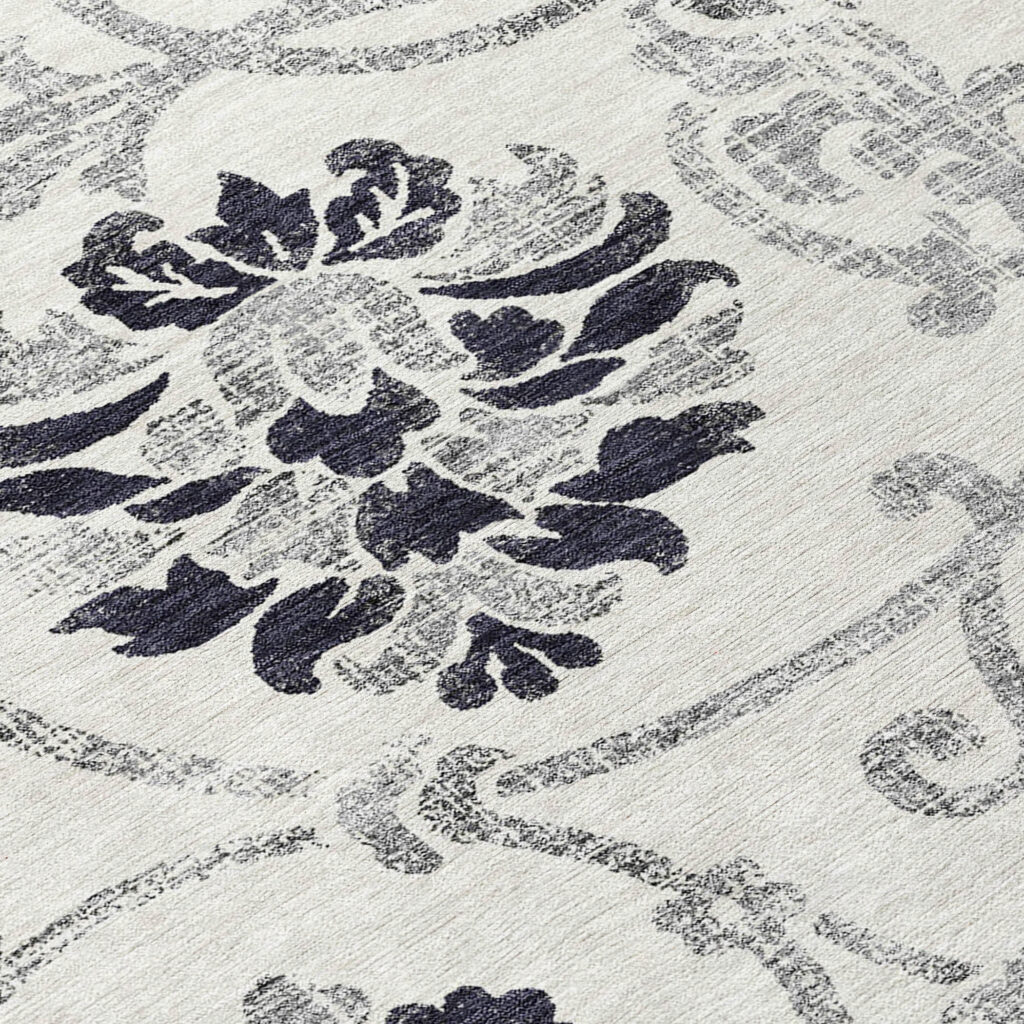8' Black Silver And Charcoal Round Floral Washable Indoor Outdoor Area Rug