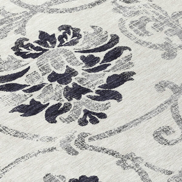 8' Black Silver And Charcoal Round Floral Washable Indoor Outdoor Area Rug
