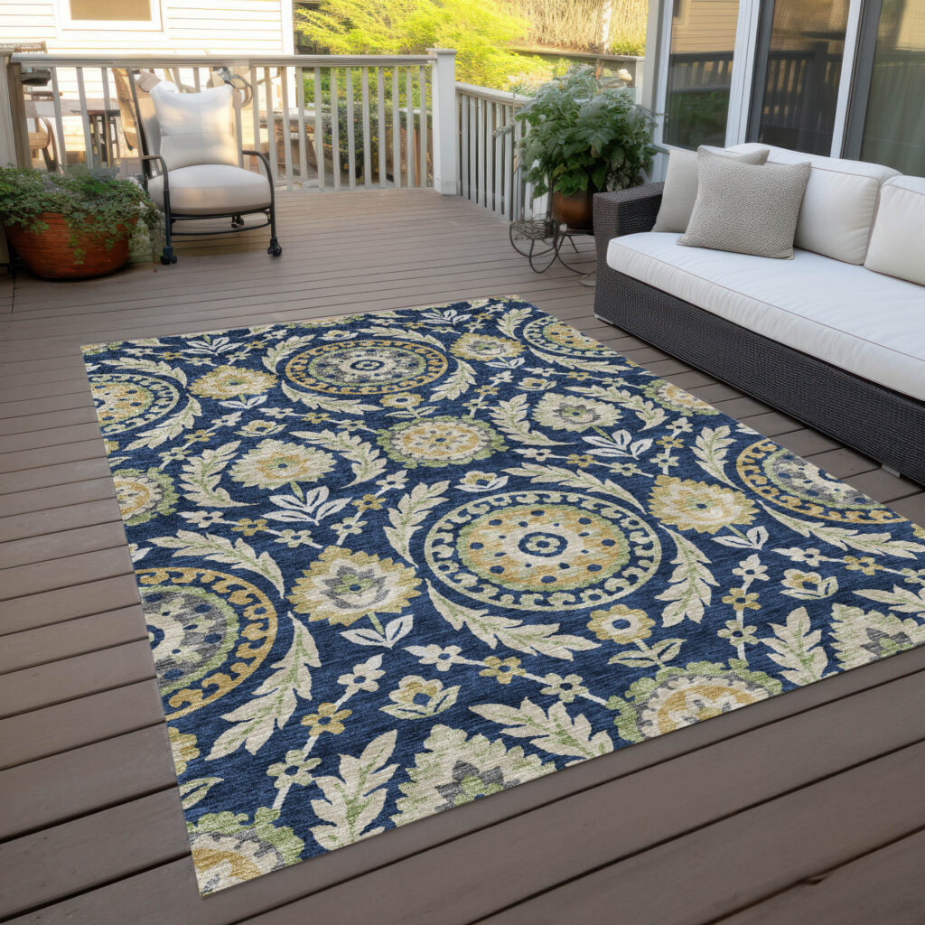 10' X 14' Navy Blue Gold And Beige Floral Washable Indoor Outdoor Area Rug