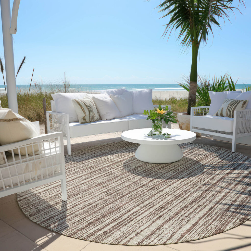 8' Brown And Ivory Round Striped Washable Indoor Outdoor Area Rug