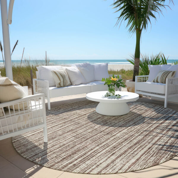 8' Brown And Ivory Round Striped Washable Indoor Outdoor Area Rug