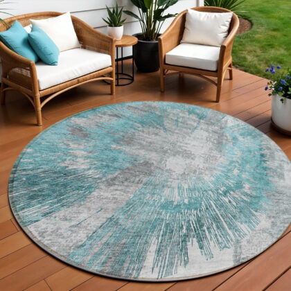 8' Teal Blue Aqua And Gray Round Abstract Washable Indoor Outdoor Area Rug