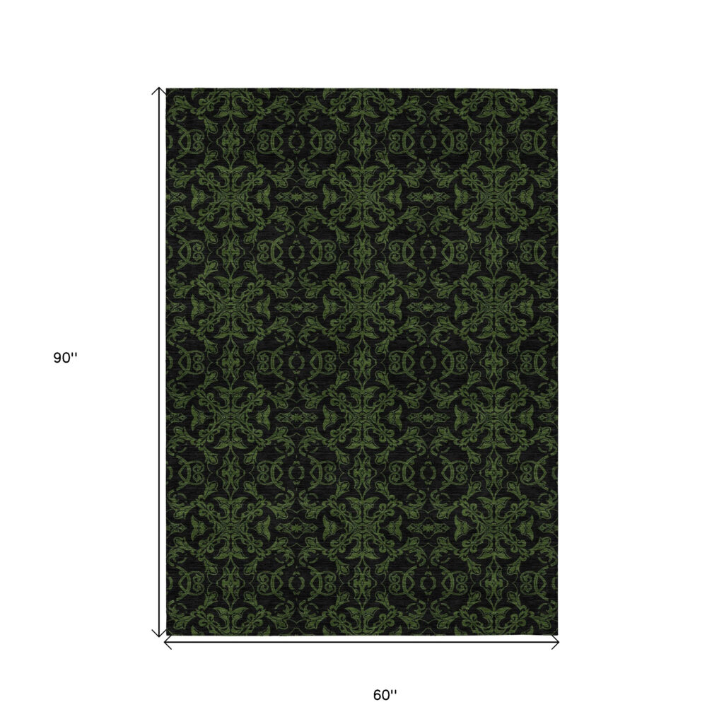 5' X 8' Olive Green And Green Medallion Washable Indoor Outdoor Area Rug