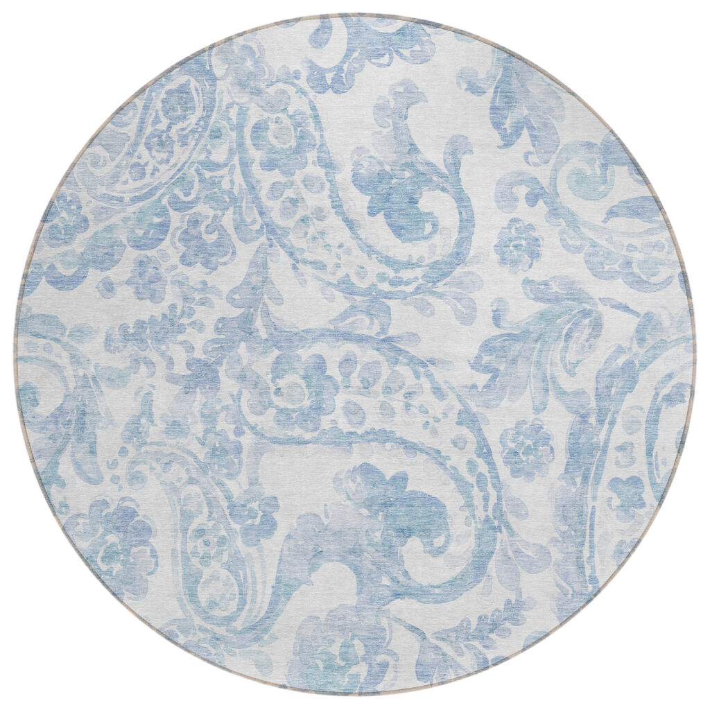 8' Sky Blue Denim Blue And Ivory Round Paisley Washable Indoor Outdoor Area Rug