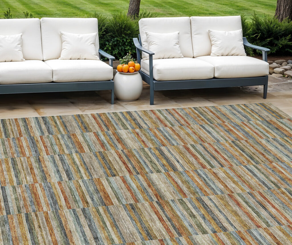 9' X 12' Orange Copper And Gray Striped Washable Indoor Outdoor Area Rug