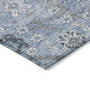 5' X 8' Sky Blue And Denim Blue Floral Washable Indoor Outdoor Area Rug
