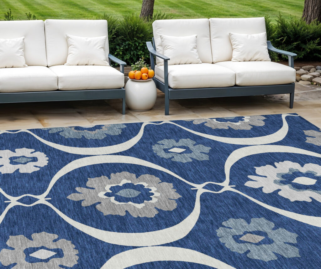 8' X 10' Navy Blue And Ivory Medallion Washable Indoor Outdoor Area Rug