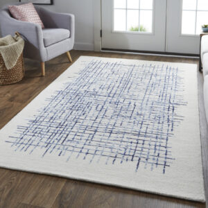 8' X 10' Ivory And Blue Wool Plaid Tufted Handmade Stain Resistant Area Rug