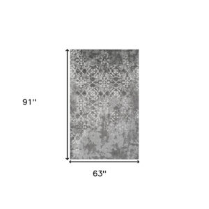 5' x 8' Gray and Ivory Oriental Distressed Area Rug