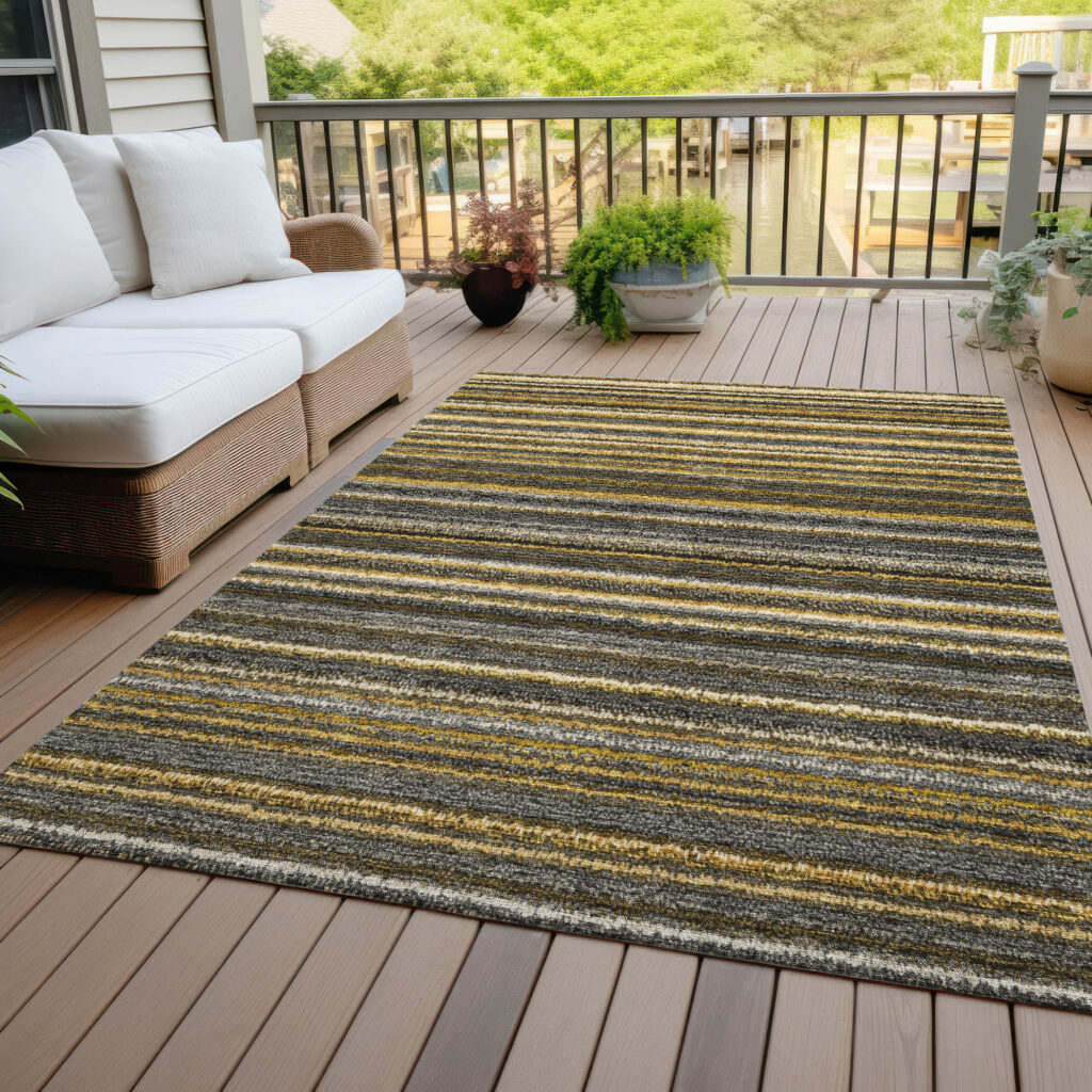 5' X 8' Gold Beige And Wheat Striped Washable Indoor Outdoor Area Rug