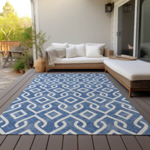 10' X 14' Blue And Ivory Geometric Washable Indoor Outdoor Area Rug