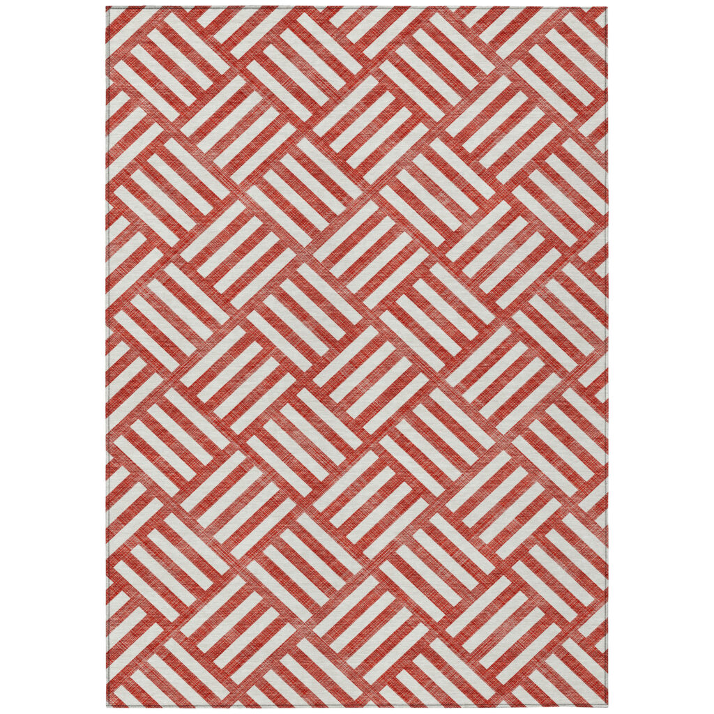 3' X 5' Red And Ivory Geometric Washable Indoor Outdoor Area Rug