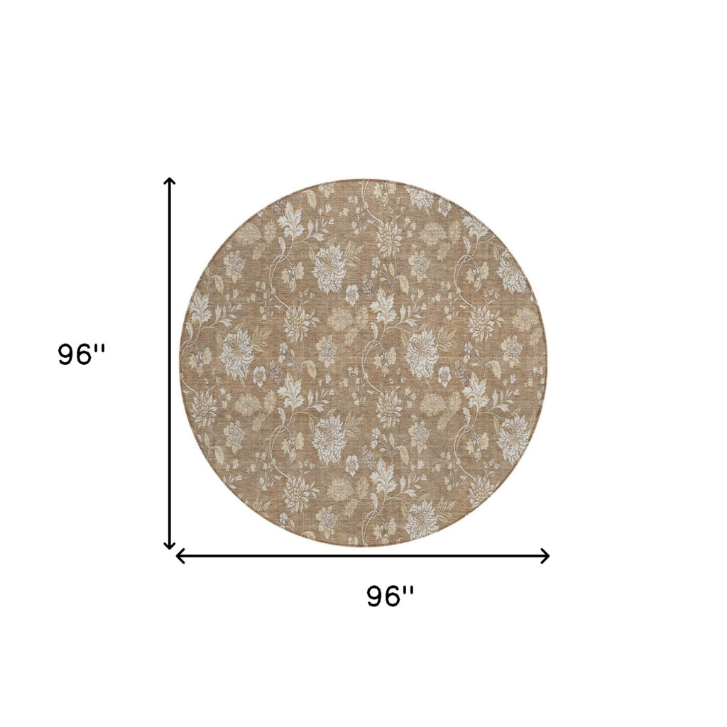 8' Copper And Beige Round Floral Washable Indoor Outdoor Area Rug