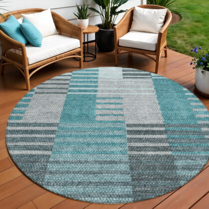 8' Teal Blue Aqua And Gray Round Striped Washable Indoor Outdoor Area Rug
