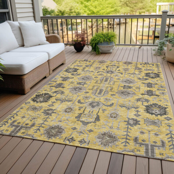10' X 14' Yellow Gray And Charcoal Oriental Washable Indoor Outdoor Area Rug