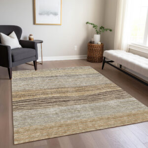 10' X 14' Taupe Brown And Beige Striped Washable Indoor Outdoor Area Rug