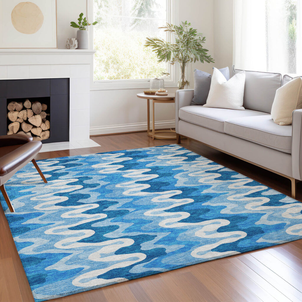 5' X 8' Sky Blue Denim Blue And Ivory Abstract Washable Indoor Outdoor Area Rug
