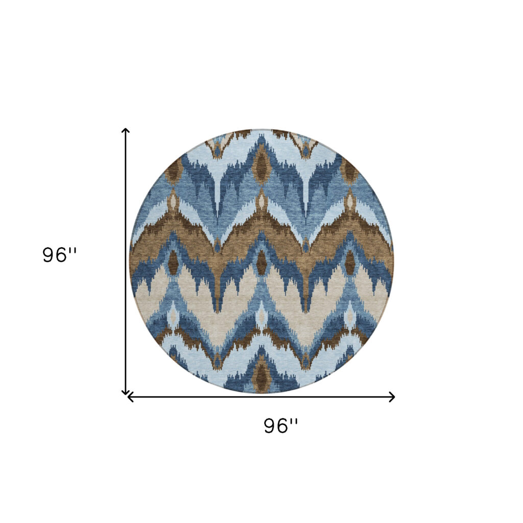 8' Denim Blue And Sky Blue Round Ikat Washable Indoor Outdoor Area Rug