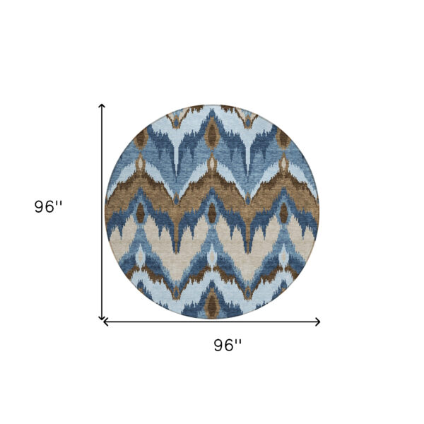 8' Denim Blue And Sky Blue Round Ikat Washable Indoor Outdoor Area Rug