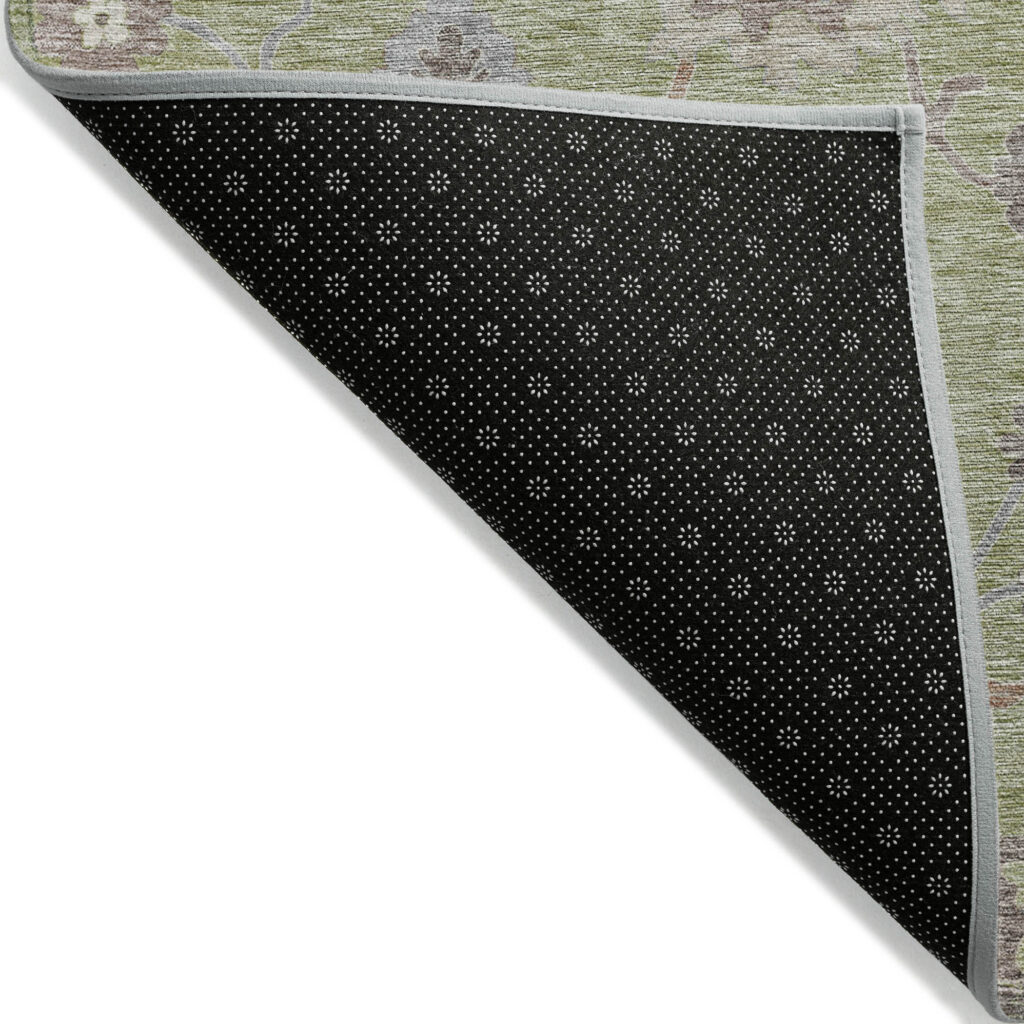 5' X 8' Artichoke Green And Beige Floral Washable Indoor Outdoor Area Rug