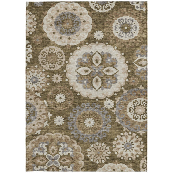 5' X 8' Brown Ivory And Beige Floral Medallion Washable Indoor Outdoor Area Rug
