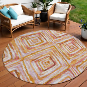 8' Orange Copper And Gold Round Geometric Washable Indoor Outdoor Area Rug
