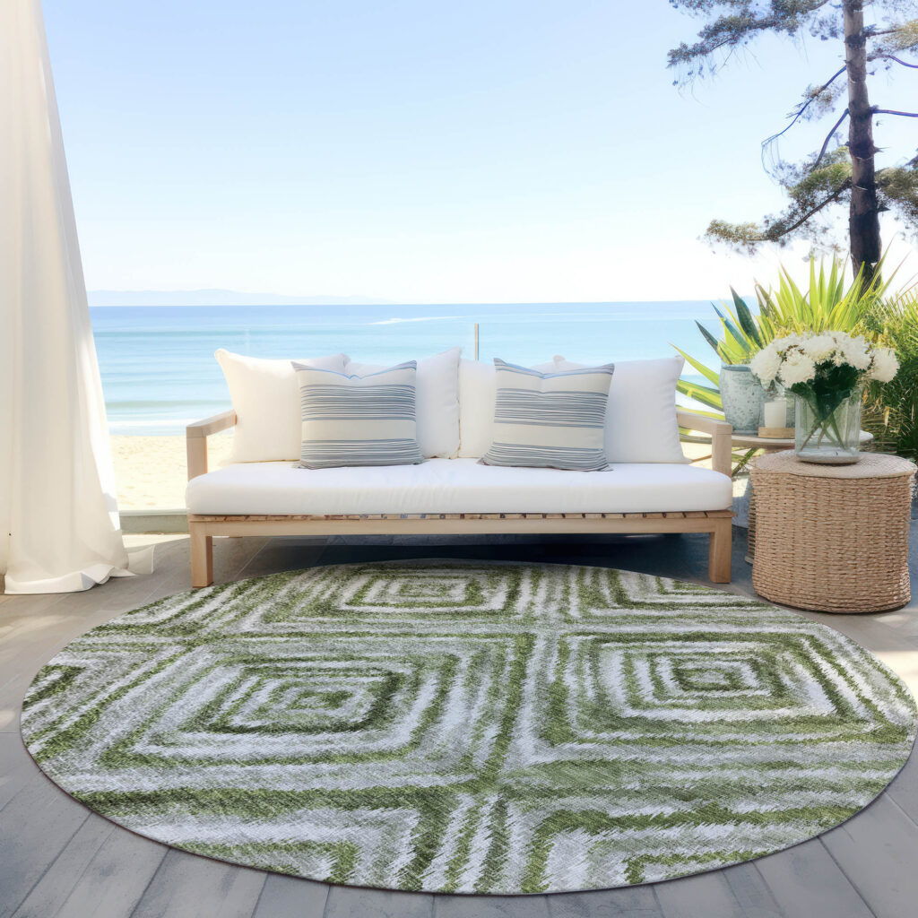 8' Artichoke Green Green And Sage Round Geometric Washable Indoor Outdoor Area Rug