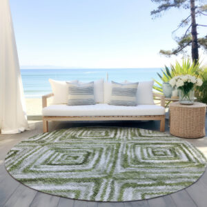 8' Artichoke Green Green And Sage Round Geometric Washable Indoor Outdoor Area Rug