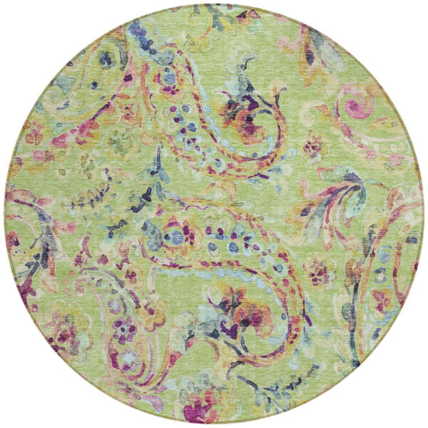 8' Artichoke Green Green And Pink Round Paisley Washable Indoor Outdoor Area Rug