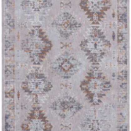5' X 8' Gray Orange And Blue Geometric Power Loom Distressed Stain Resistant Area Rug