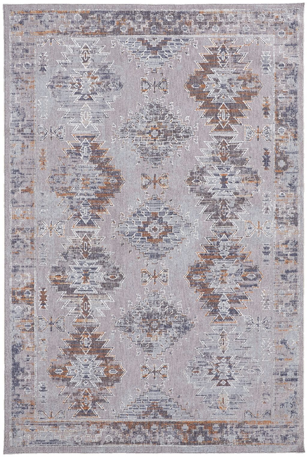 5' X 8' Gray Orange And Blue Geometric Power Loom Distressed Stain Resistant Area Rug