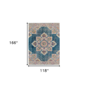 10' x 14' Teal Blue Medallion Power Loom Area Rug With Fringe