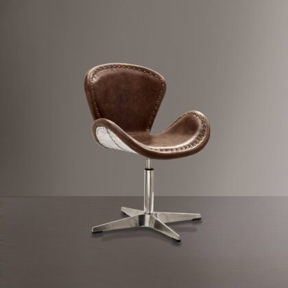 25" Brown And Silver Faux Leather Distressed Swivel Side Chair