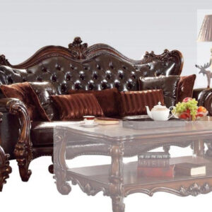 93" Brown Faux Leather And Cherry Blossom Pink Sofa With Seven Toss Pillows