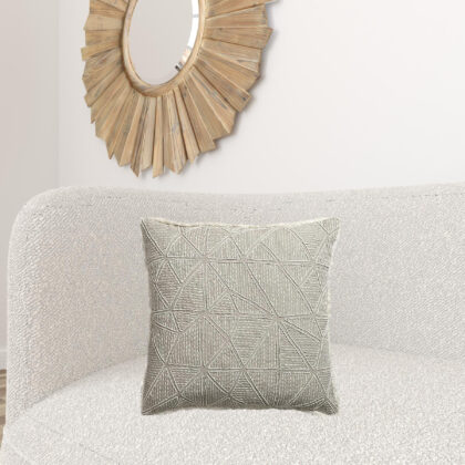 20" X 20" Beige and Ivory Geometric Linen Zippered Pillow With Embroidery, Fringe