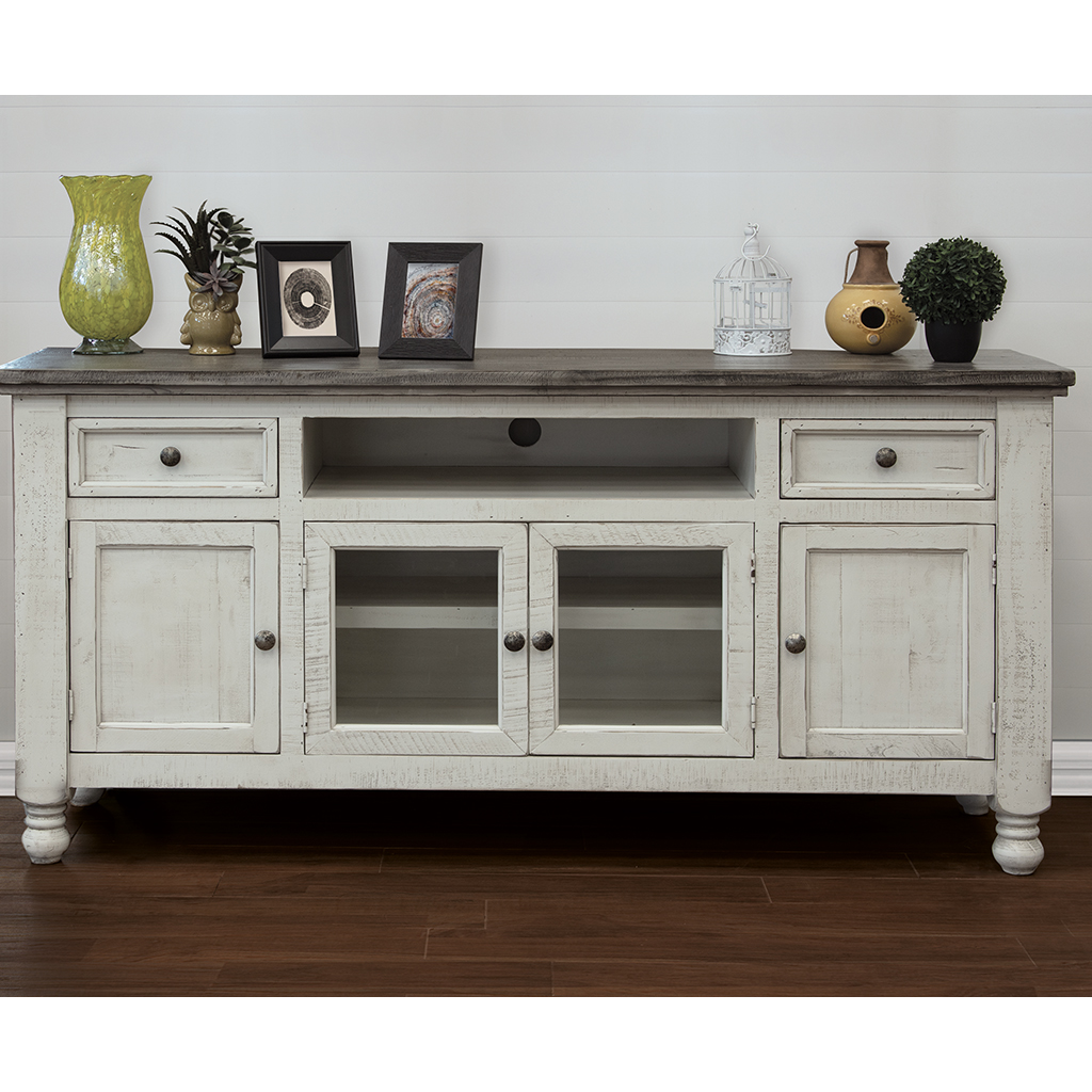 70" Ivory Solid Wood Enclosed Storage Distressed TV Stand