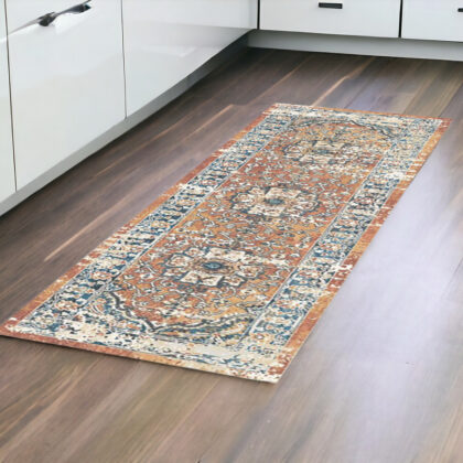 8' Rust Oriental Distressed Runner Rug With Fringe