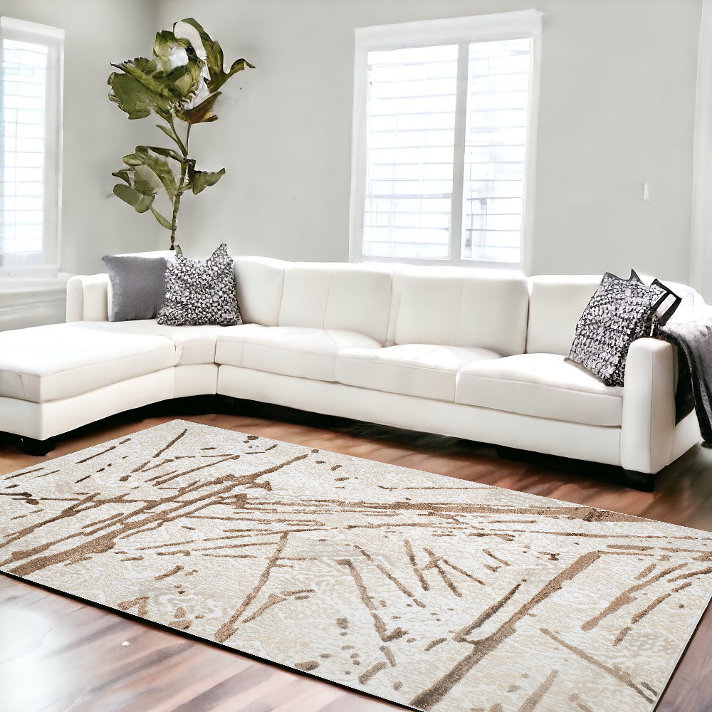 9' x 12' Ivory and Brown Abstract Area Rug