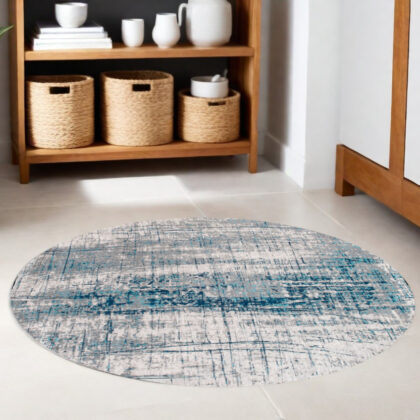 5' Blue and Gray Round Abstract Non Skid Area Rug